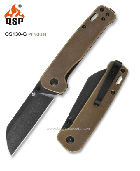 QSP Penguin Folding Knife, D2 Steel Black, Brass Handle, QS130-G